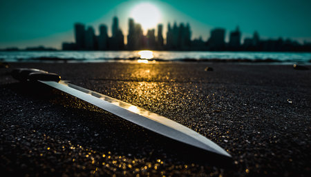 Sword blade on wet beach sand with city skyline and sun flare. Clear details and vibrant colors enhance visua...の素材