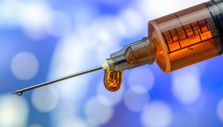 Syringe with drop of medicine on blue bokeh background.の素材