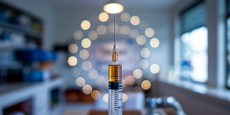 Syringe with medicine on blurred bokeh background, close upの素材