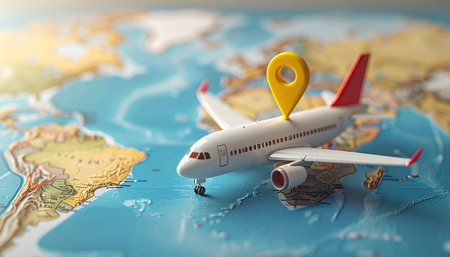 Airplane on the map. Travel concept. 3d illustration.の素材
