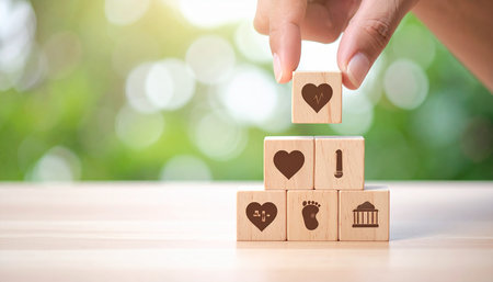 Hand arranging wooden blocks with love icon, valentine day conceptの素材