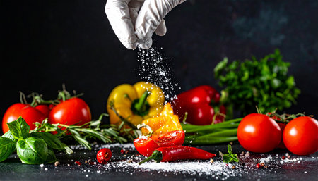 Fresh red, yellow and green bell pepper with spices on black backgroundの素材