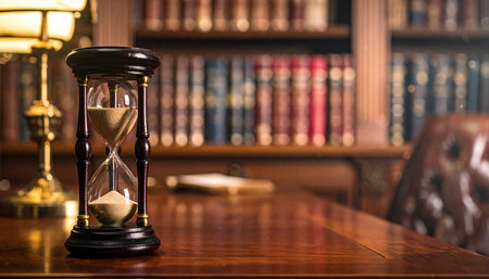 Hourglass on the table in a courtroom or law enforcement office.の素材