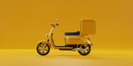 Yellow scooter with boxes on a yellow background. 3d renderingの素材