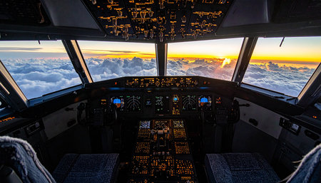 Cockpit of a small airplane with a view over the cloudsの素材