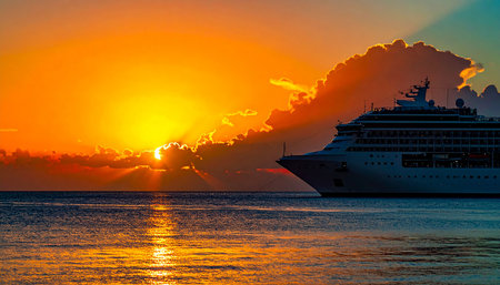 Cruise ship in the sea at sunset. Colorful sunset over the sea.の素材