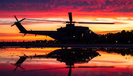 Helicopter silhouette at sunset with reflection on the water surface with colorful skyの素材