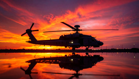 Helicopter silhouette at sunset with reflection on water surface. Military conceptの素材