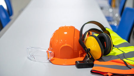 Safety helmet and ear protectors on table in the factory. Industrial backgroundの素材