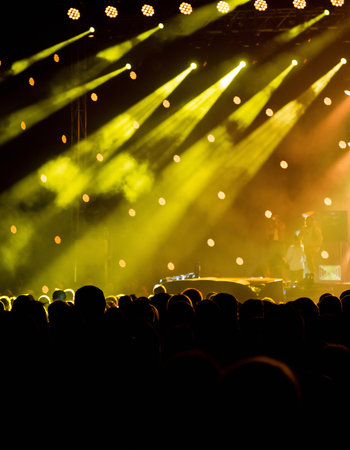 Concert crowd in front of a bright stage with lights and smokeの素材
