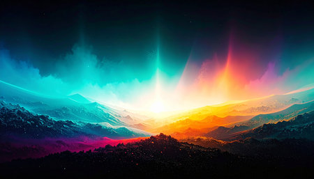 Mountain landscape with colorful lights. Elements of this image furnished by NASAの素材