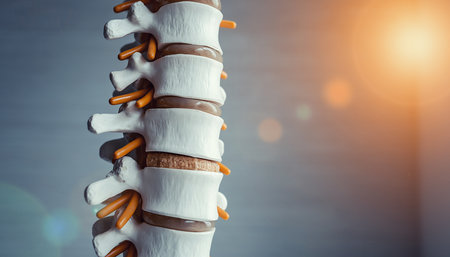 Close-up of a human spine model with orange accents and a bright lens flare. Clear details and vibrant colors...の素材