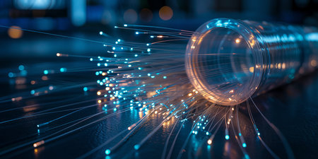 Glowing fiber optic strands emit light from a transparent tube in a dark setting.の素材