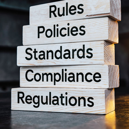 Stack of wooden blocks with words Rules Policies Standards Compliance Regulationsの素材