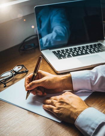 Person writing with a pen on paper next to a laptop and glasses on a desk Clear details and vibrant colors en...の素材