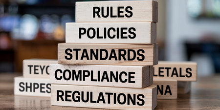 Stacked wooden blocks display words like rules, policies, standards, compliance, and regulations.の素材