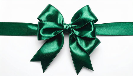 Green satin ribbon with bow isolated on white background, clipping path includedの素材