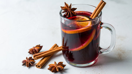 Mulled wine with spices on a white background, copy spaceの素材
