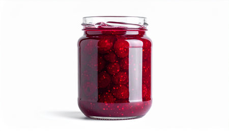 Raspberry jam in a glass jar isolated on a white background.の素材