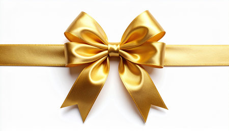 Golden ribbon with bow isolated on white background, clipping path included.の素材