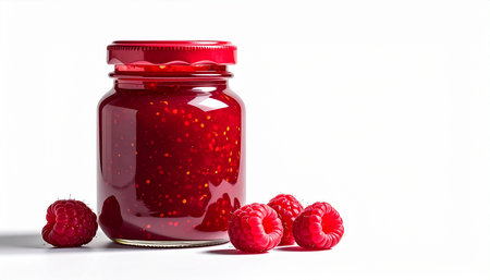 Raspberry jam in a glass jar with fresh raspberries on a white backgroundの素材