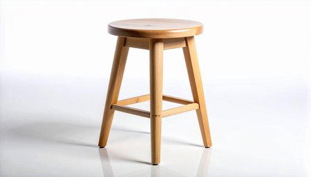 Wooden stool isolated on white background with reflection, clipping path includedの素材