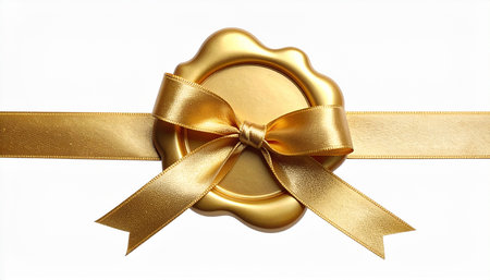 golden wax seal with golden ribbon isolated on a white background.の素材