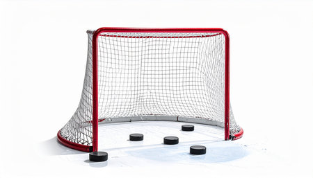 Hockey goal and puck on a white background. 3d renderingの素材