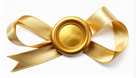 golden wax seal with ribbon isolated on white background. 3d illustrationの素材