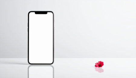 Smartphone with blank screen and red flower on a white background.の素材