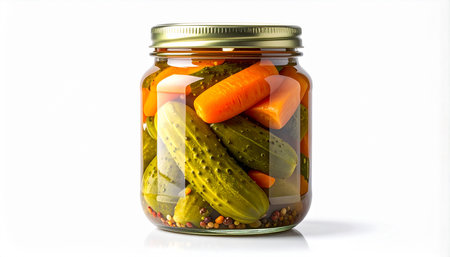 Preserved vegetables in a glass jar on a white background with reflectionの素材