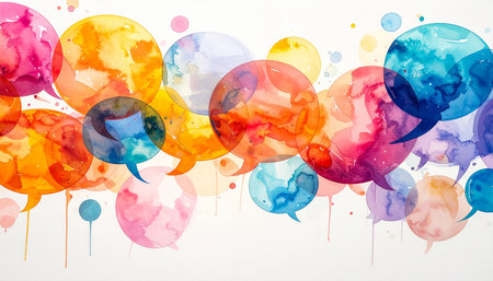 Colorful watercolor speech bubbles on white background. 3D renderingの素材