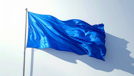 3D rendering of a blue flag waving in the wind on a white backgroundの素材