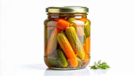 Glass jar with pickled cucumbers and carrots on white background.の素材