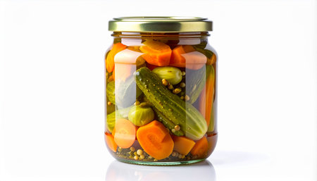 Pickled vegetables in a glass jar on a white background. Preserved food.の素材