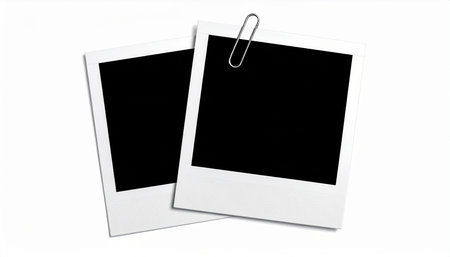 Blank photo frames with paper clip isolated on white background, top viewの素材