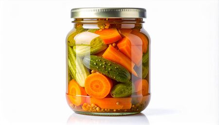 Canned vegetables in a glass jar on a white isolated background.の素材