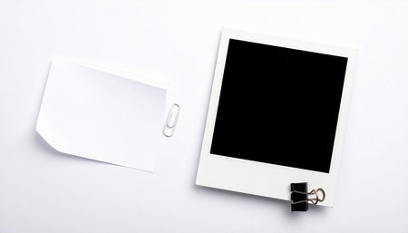 Photo frame with clip on white background. Flat lay, top view.の素材