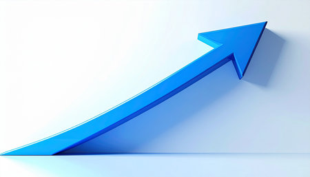 Blue arrow pointing up on a white background. 3D rendering.の素材