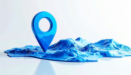 Blue map pin on a blue background. 3d render image.の素材