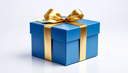 Blue gift box with gold ribbon on white background. 3d renderingの素材