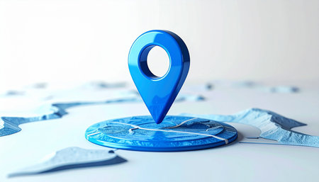 3d render of map pin on blue map background. 3d illustrationの素材