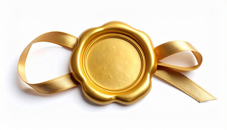 Blank wax seal with golden ribbon isolated on a white background.の素材