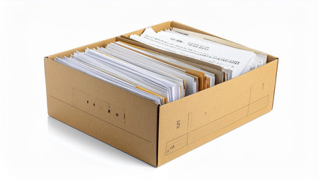 Cardboard box full of documents isolated on white background with clipping pathの素材