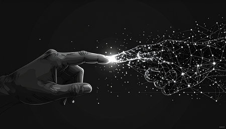 Vector illustration of a human hand holding a glowing dot connected to a black backgroundの素材