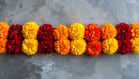 Colorful marigold flowers on concrete background. Top view.の素材