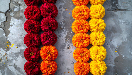 Marigold flowers garland for Diwali festival or any other festivals, selective focusの素材