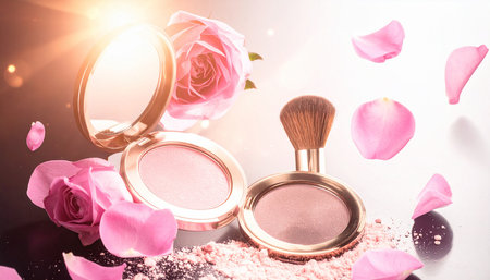 Makeup brushes and powder with pink rose petals on black backgroundの素材