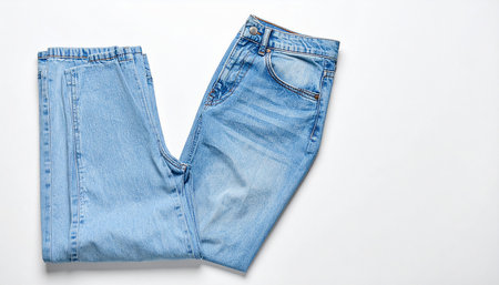 Denim pants isolated on white background. Jeans top view.の素材