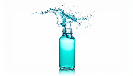 Blue liquid in glass bottle with splashes isolated on white background.の素材